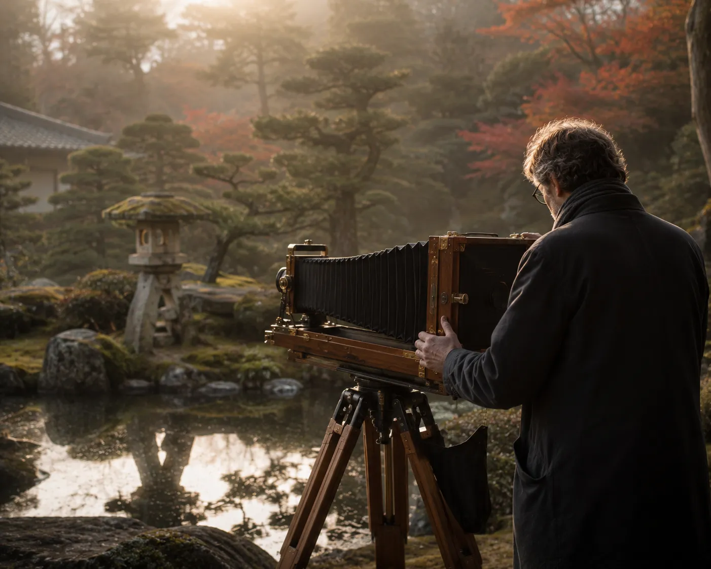 Photographer working with a wooden large-format view camera on a tripod