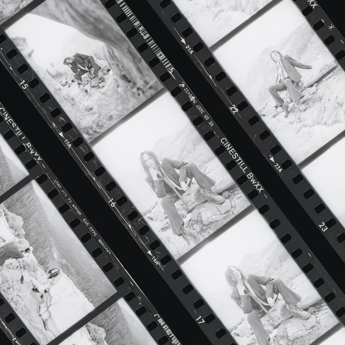 Contact sheet of medium-format film frames laid out on a light table