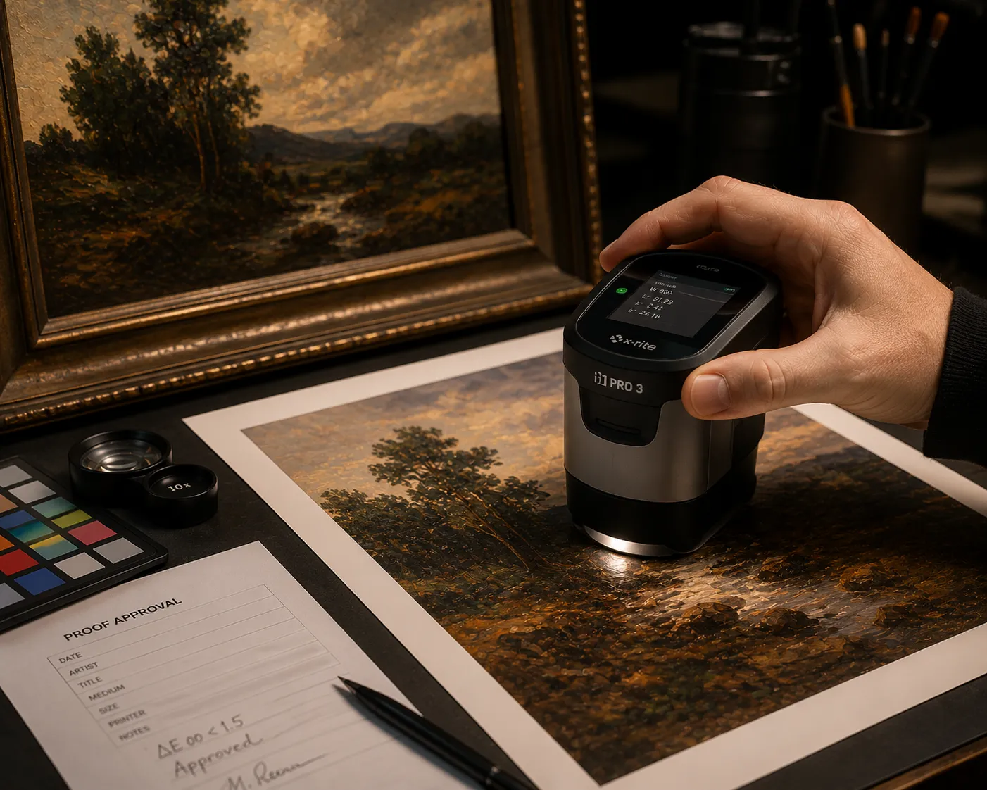 A spectrophotometer measuring color directly against an original artwork